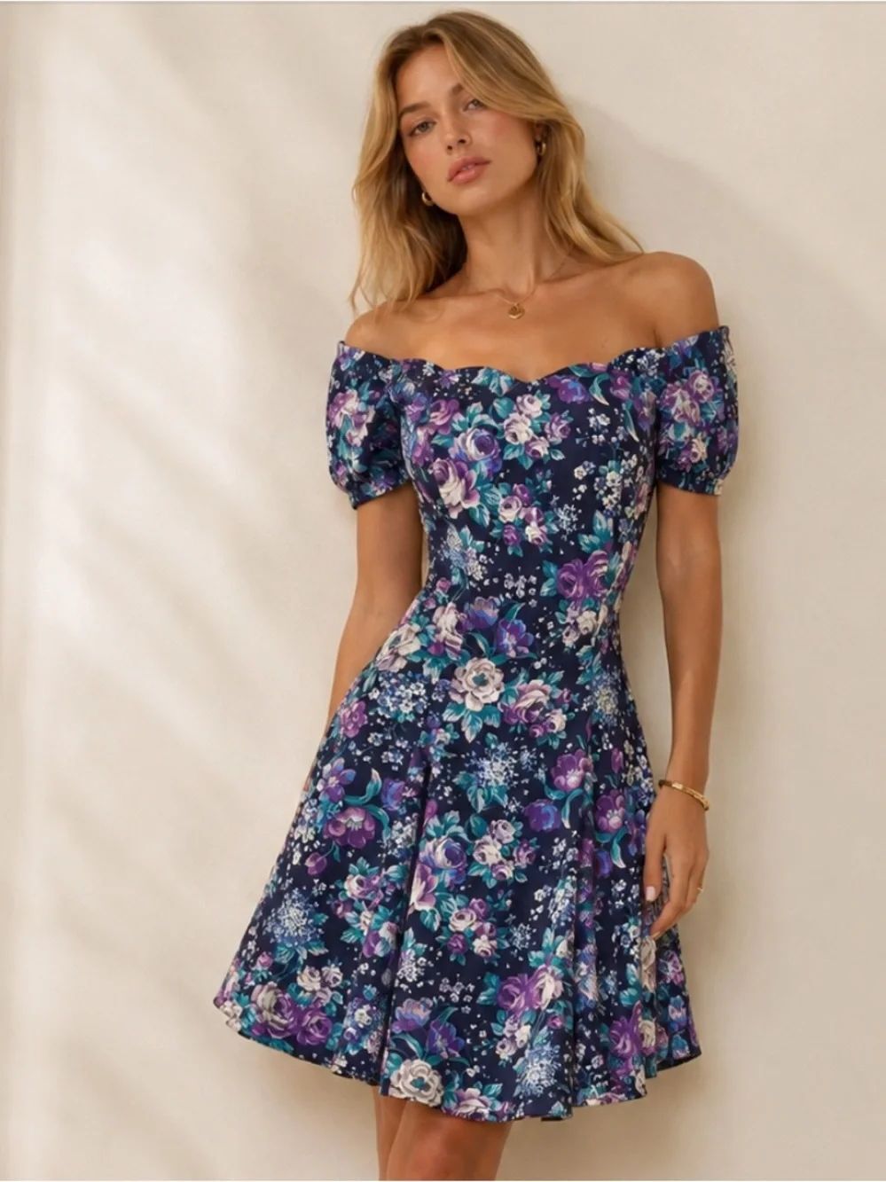 VINTAGE 90's Y2K BY CHOICE Floral  Fit-and-Flare Navy Dress Purple Bloom Size S